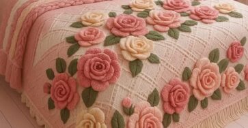 A pink crochet bedspread with large 3D roses and green leaves, accented by matching crochet pillows on a decorative bed.