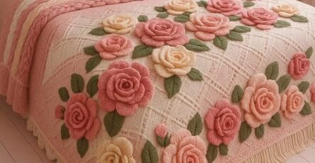 A pink crochet bedspread with large 3D roses and green leaves, accented by matching crochet pillows on a decorative bed.