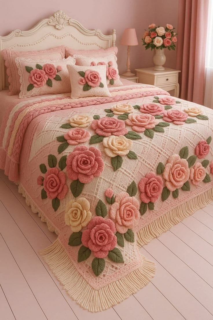 A pink crochet bedspread with large 3D roses and green leaves, accented by matching crochet pillows on a decorative bed.