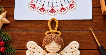 Crochet angel ornament with lacy wings, a golden halo, and a red heart, placed beside a crochet chart and yarn on a wooden surface.