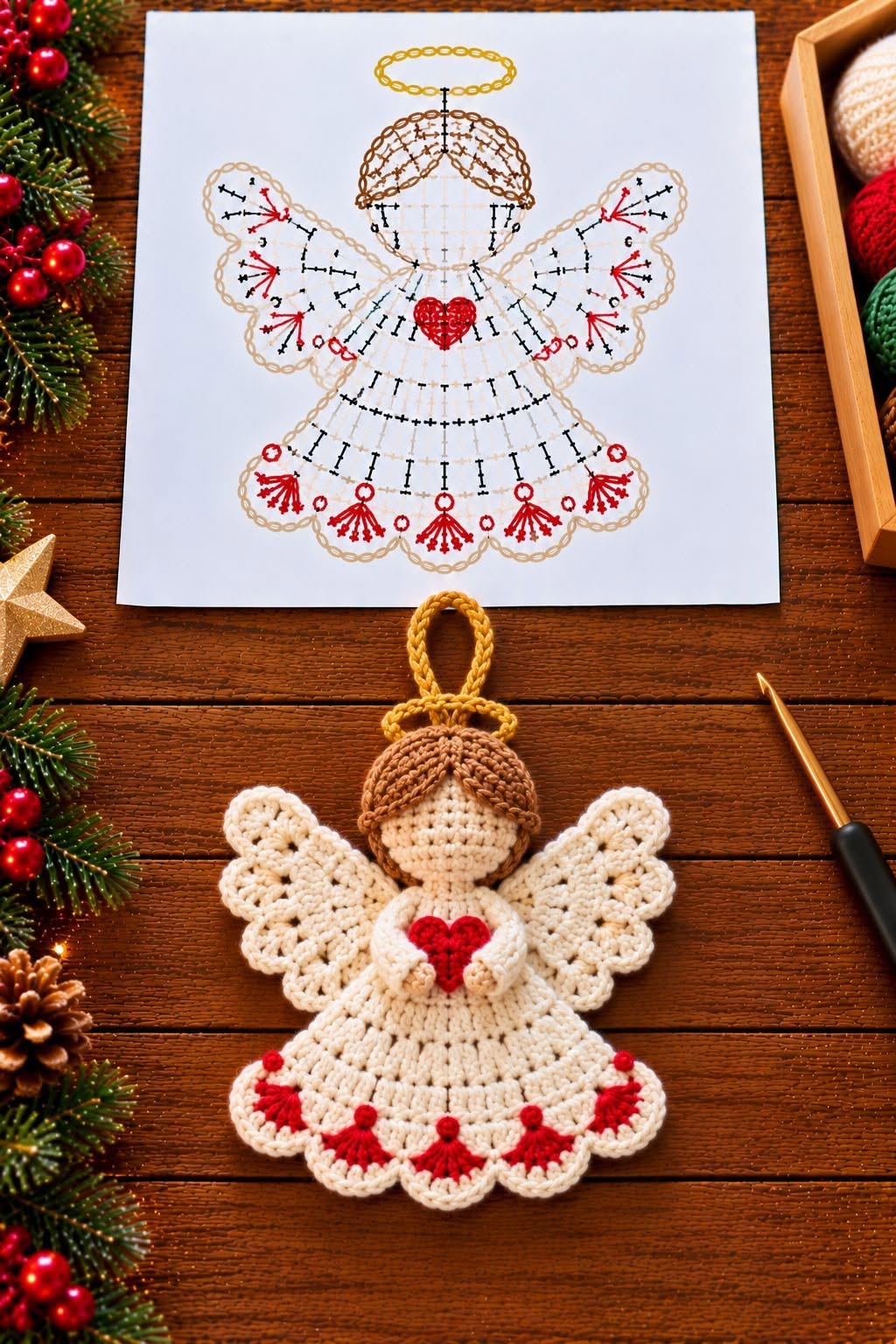 Crochet angel ornament with lacy wings, a golden halo, and a red heart, placed beside a crochet chart and yarn on a wooden surface.