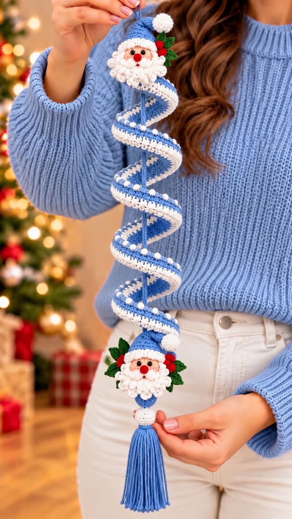 Hand holding a crocheted blue and white spiral Christmas ornament with Santa faces, holly leaves, and a tassel, in front of a Christmas tree.