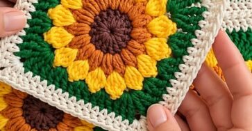 Crocheted sunflower granny squares in yellow, brown, green, and cream, assembled into a blanket with hands holding one square.