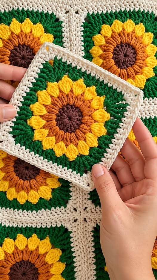 Crocheted sunflower granny squares in yellow, brown, green, and cream, assembled into a blanket with hands holding one square.