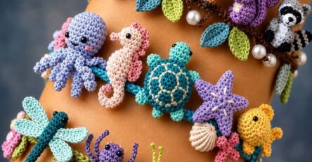 Colorful crocheted bracelets each adorned with small animals, sea creatures, insects, leaves, and pearls.