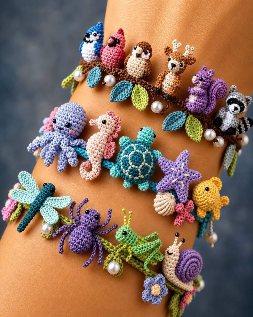 Whimsical Crochet Nature Bracelet With Miniature Animals and Insects ...