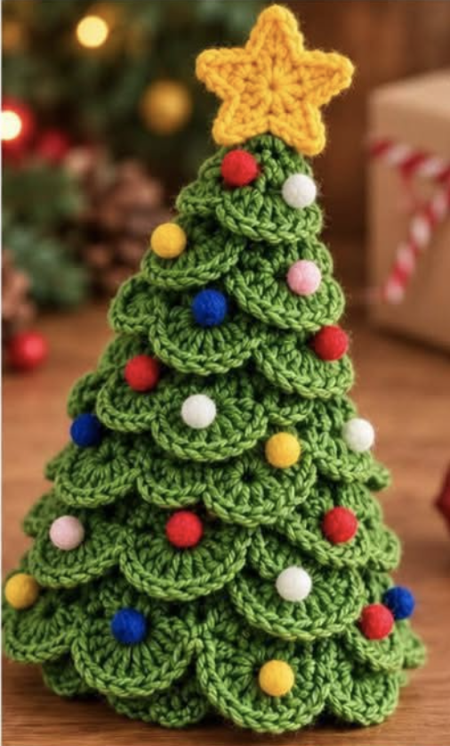 A crocheted 3D Christmas tree with layered green branches, a yellow star on top, and multicolored small round decorations.