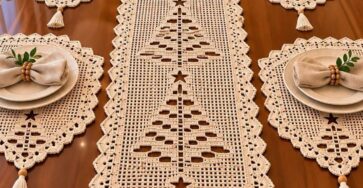 A beige crochet table runner and four matching placemats with tree motifs and scalloped edges, each adorned with tassels, displayed on a wooden table.
