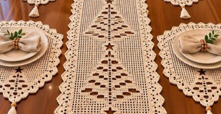 A beige crochet table runner and four matching placemats with tree motifs and scalloped edges, each adorned with tassels, displayed on a wooden table.