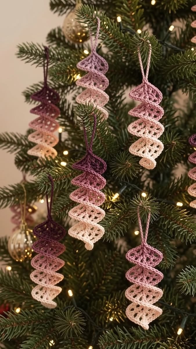 Several spiral crochet tree ornaments in ombre shades of purple and cream, hanging on a Christmas tree.