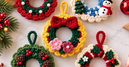 A set of five colorful crochet wreath ornaments with scalloped borders, bows, and festive embellishments.