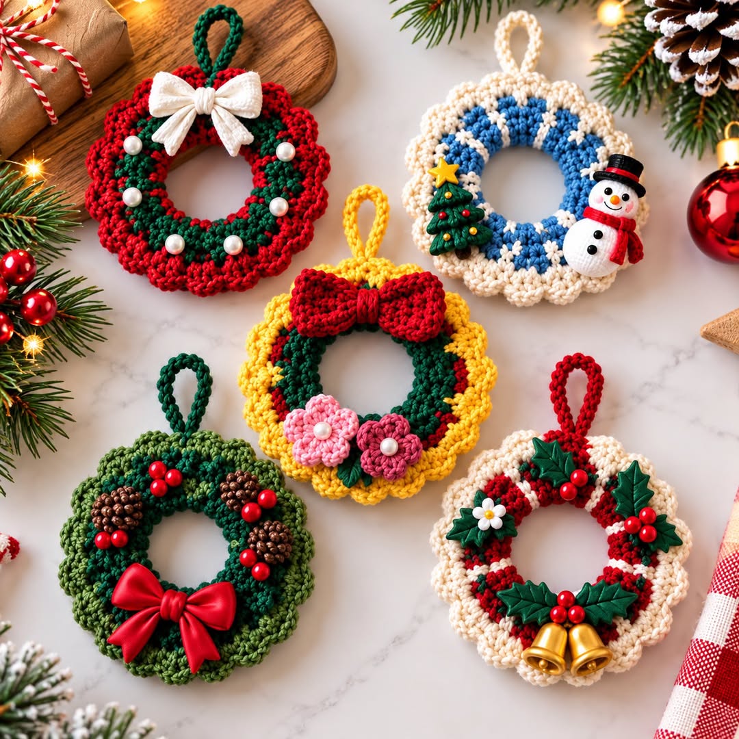 A set of five colorful crochet wreath ornaments with scalloped borders, bows, and festive embellishments.