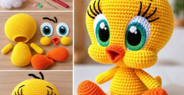 A crocheted amigurumi of a cute yellow bird with big green eyes, orange beak and feet, assembled from separate parts.