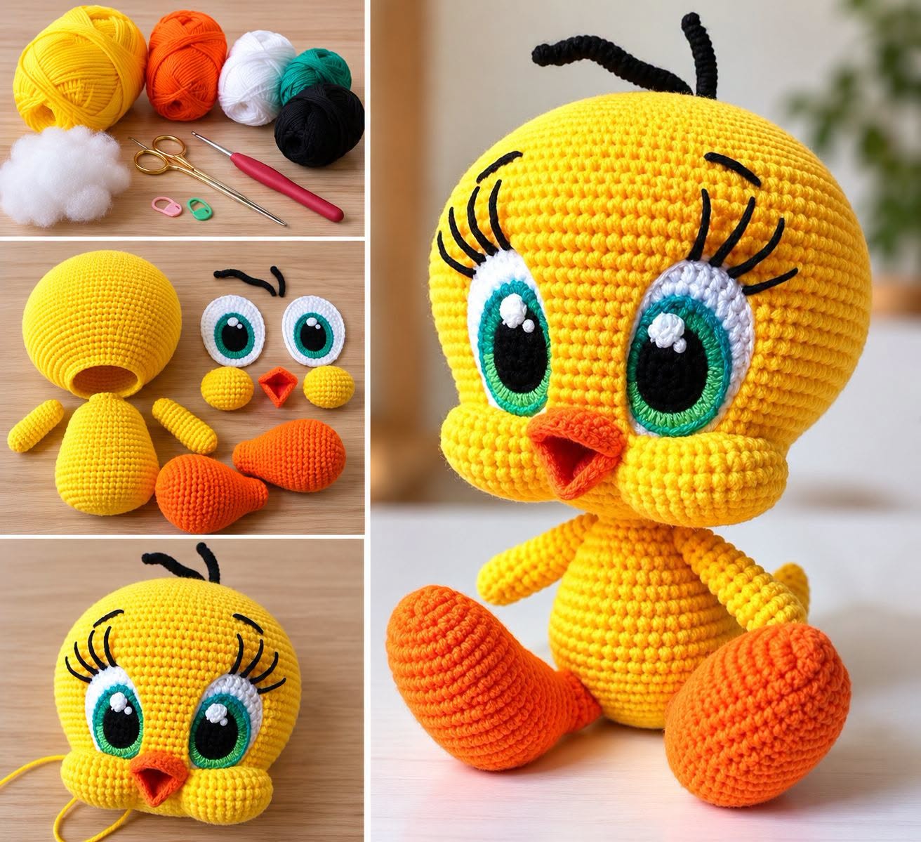 A crocheted amigurumi of a cute yellow bird with big green eyes, orange beak and feet, assembled from separate parts.