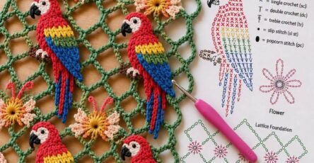 Colorful crocheted macaw parrots with yellow, pink, and peach flowers on a green lattice background.