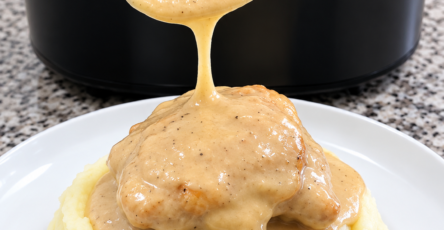 A plate of mashed potatoes with a chicken breast topped with creamy gravy, being spooned from a slow cooker in the background.