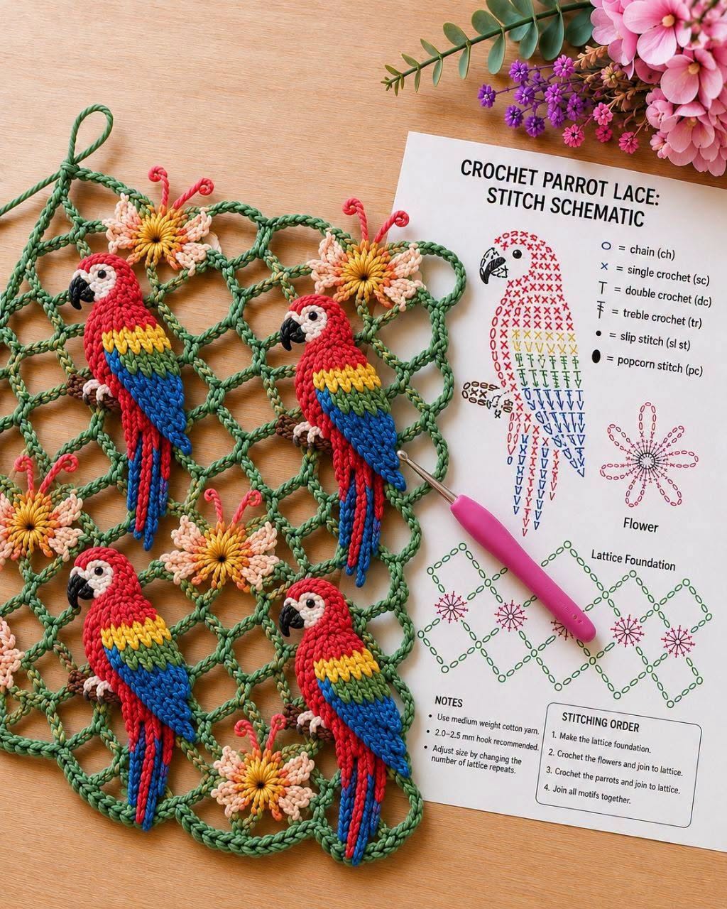 Colorful crocheted macaw parrots with yellow, pink, and peach flowers on a green lattice background.