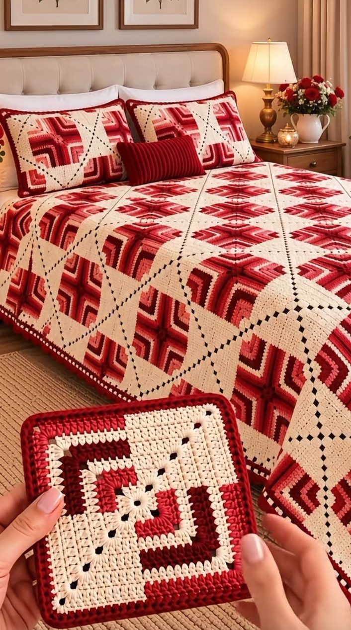 A hand holding a red and cream geometric granny square with a matching modular crochet blanket and pillows on a bed in the background.