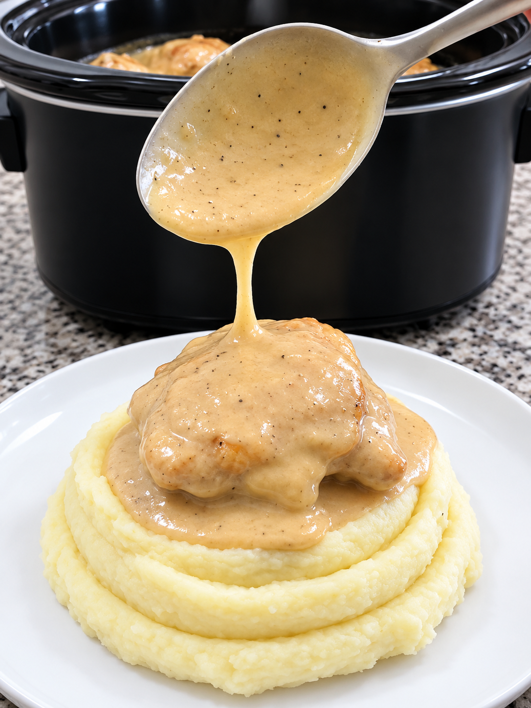 A plate of mashed potatoes with a chicken breast topped with creamy gravy, being spooned from a slow cooker in the background.