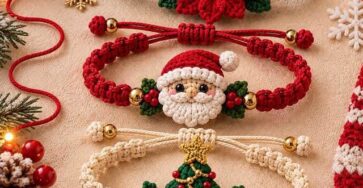 Four crocheted Christmas bracelets with Santa, reindeer, poinsettia flower, and Christmas tree motifs, surrounded by festive decorations.