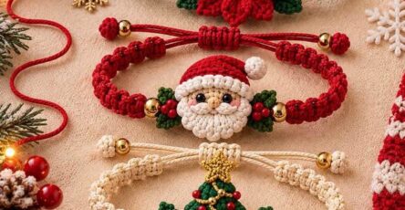 Four crocheted Christmas bracelets with Santa, reindeer, poinsettia flower, and Christmas tree motifs, surrounded by festive decorations.