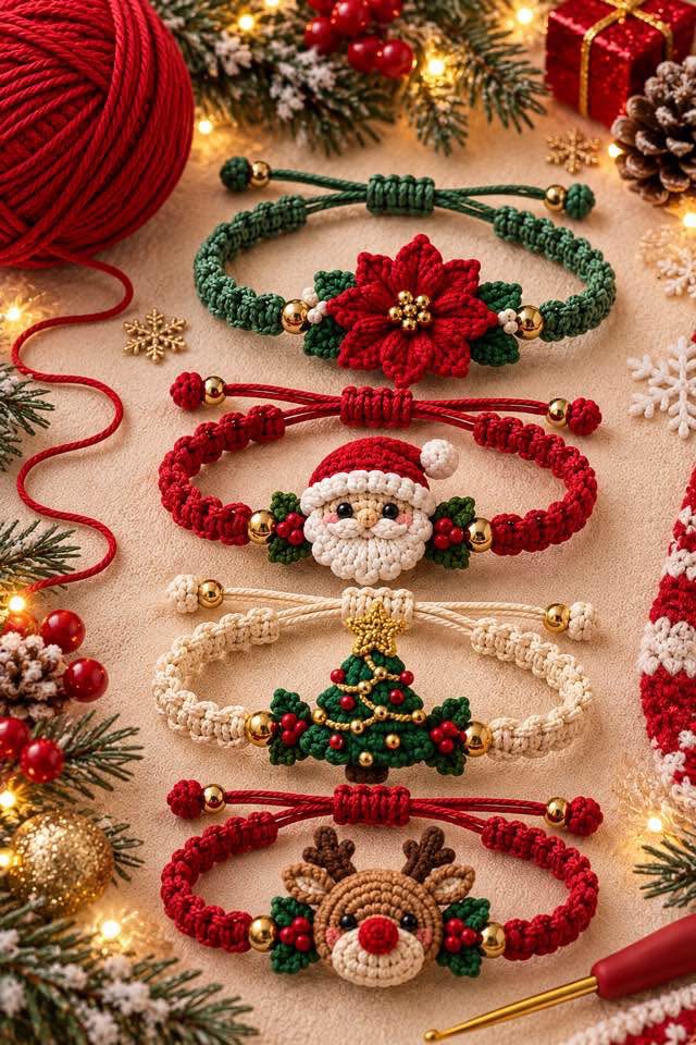 Four crocheted Christmas bracelets with Santa, reindeer, poinsettia flower, and Christmas tree motifs, surrounded by festive decorations.
