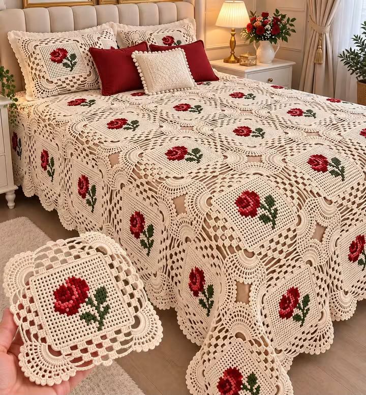 A cream-colored crocheted bedspread with red rose and green leaf motifs, matching pillows, and intricate openwork squares.