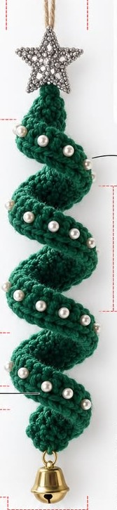 A crochet ornament shaped like a spiral Christmas tree, decorated with beads, a metallic star at the top, and a bell at the bottom.