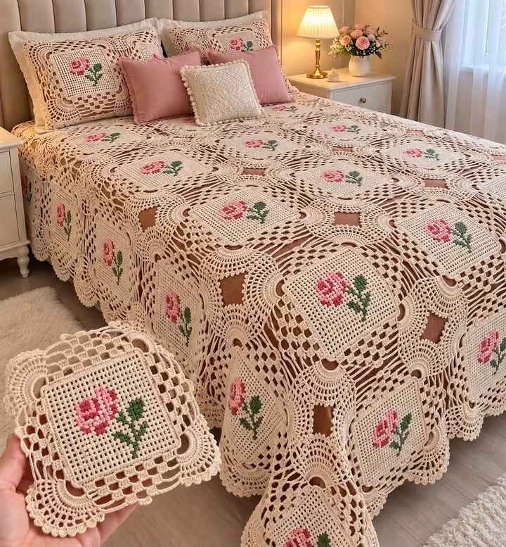 A bedspread made of joined crochet squares with rose motifs and lace borders in cream, pink, and green yarn on a neatly made bed.