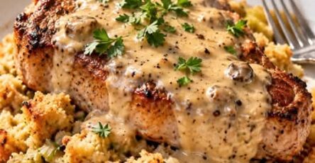 A thick seared pork chop covered in creamy mushroom gravy with herbs, served on a bed of golden bread stuffing.