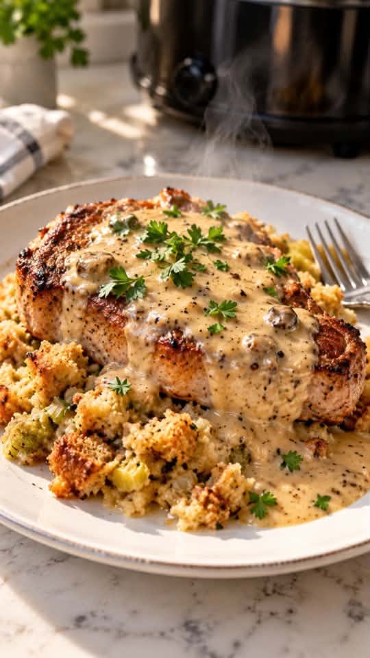 A thick seared pork chop covered in creamy mushroom gravy with herbs, served on a bed of golden bread stuffing.