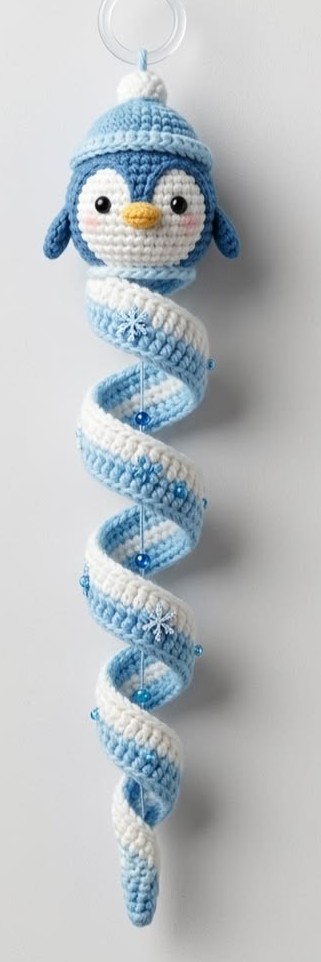 A crocheted hanging ornament of a penguin head with hat and a long, blue and white spiral tail decorated with beads and snowflake embellishments.