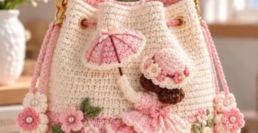 A crochet bucket bag in cream and pink decorated with 3D flowers, leaves, and a Victorian lady holding a pink parasol.