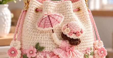 A crochet bucket bag in cream and pink decorated with 3D flowers, leaves, and a Victorian lady holding a pink parasol.