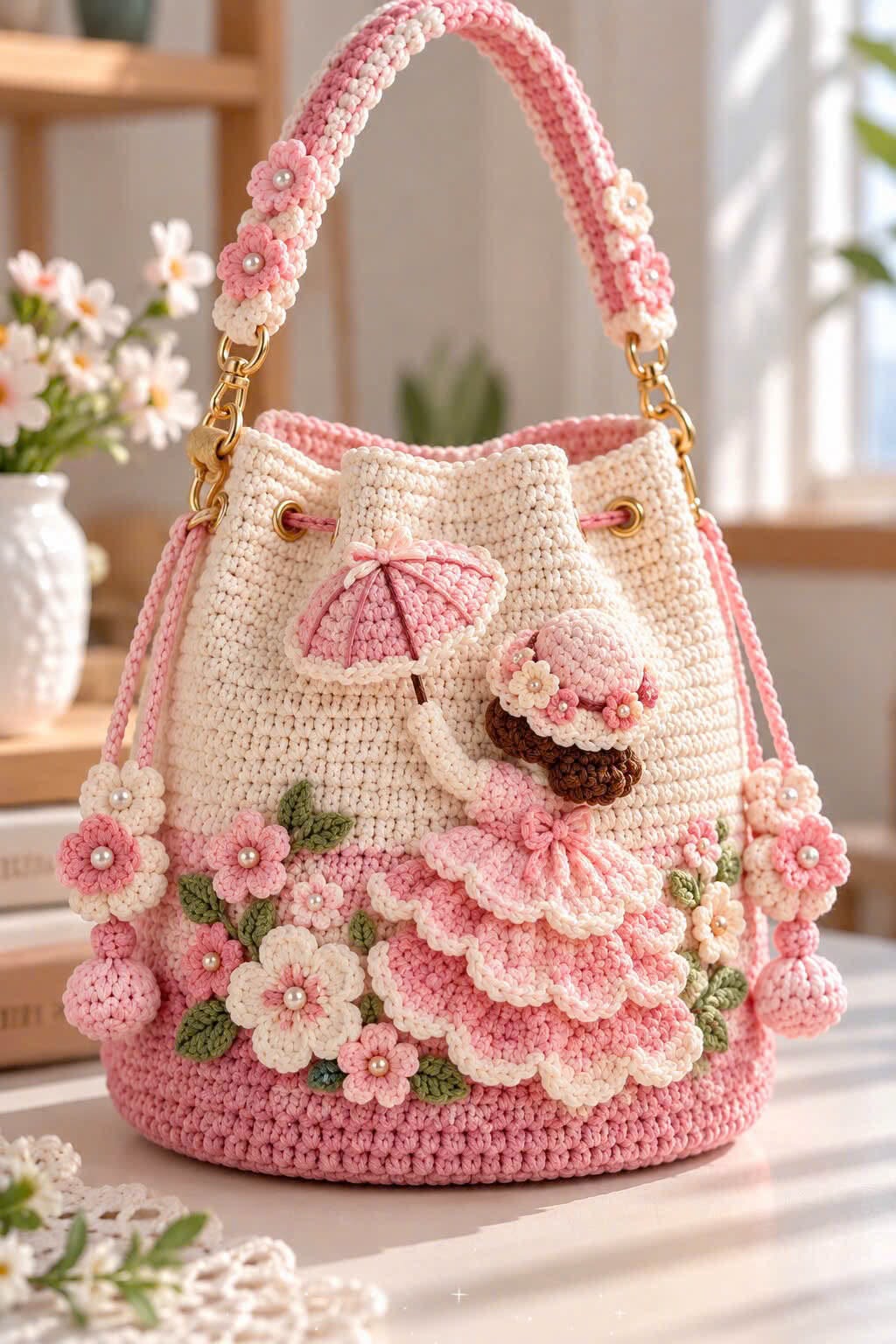A crochet bucket bag in cream and pink decorated with 3D flowers, leaves, and a Victorian lady holding a pink parasol.