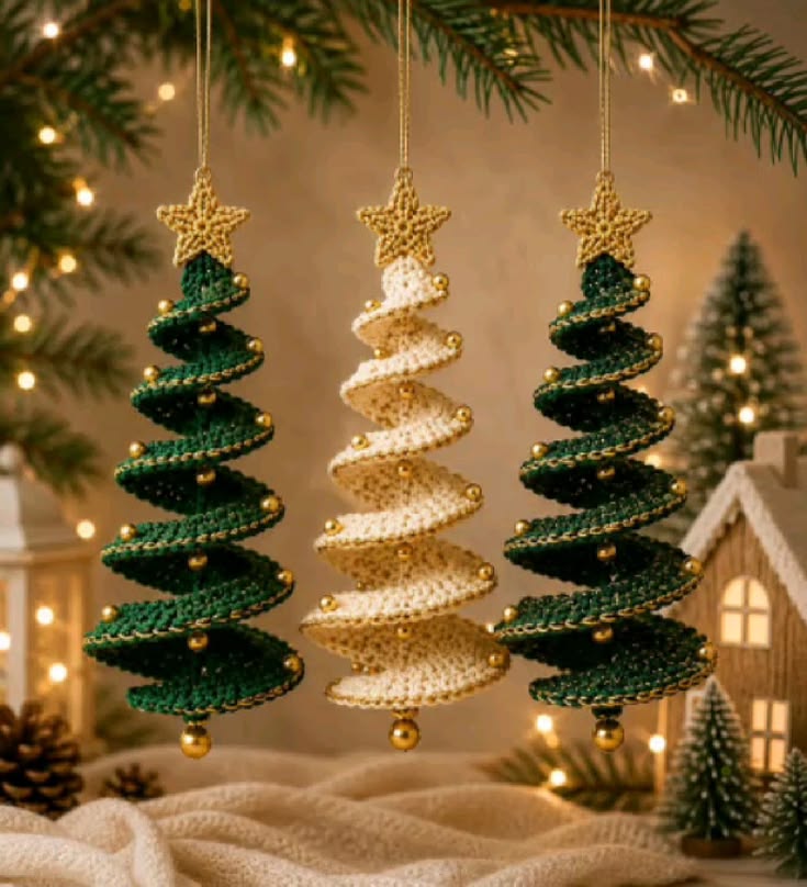 Three spiral crochet Christmas tree ornaments in green and cream with gold bead accents and star toppers hanging from a branch.