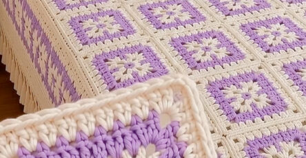 A lavender and cream granny square crochet bedspread with matching pillow covers, featuring floral-centered squares and a textured border.