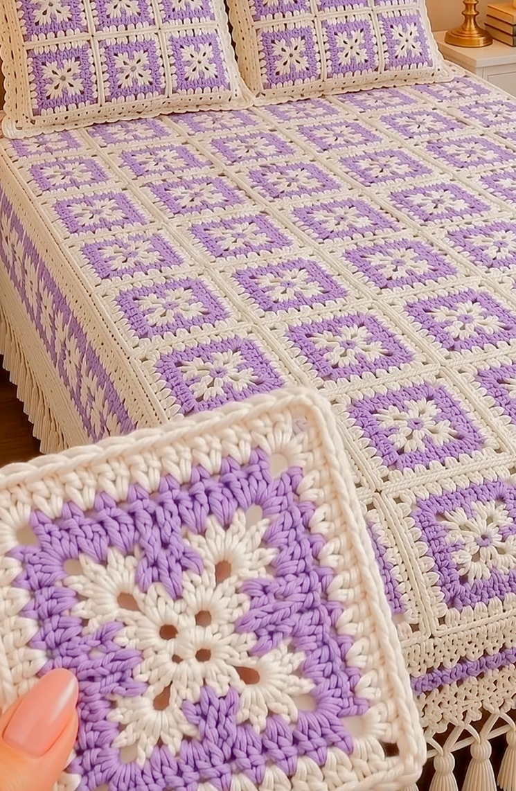 A lavender and cream granny square crochet bedspread with matching pillow covers, featuring floral-centered squares and a textured border.