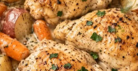 Slow cooker chicken thighs with carrots and red potatoes in a creamy herb sauce, garnished with chopped herbs.
