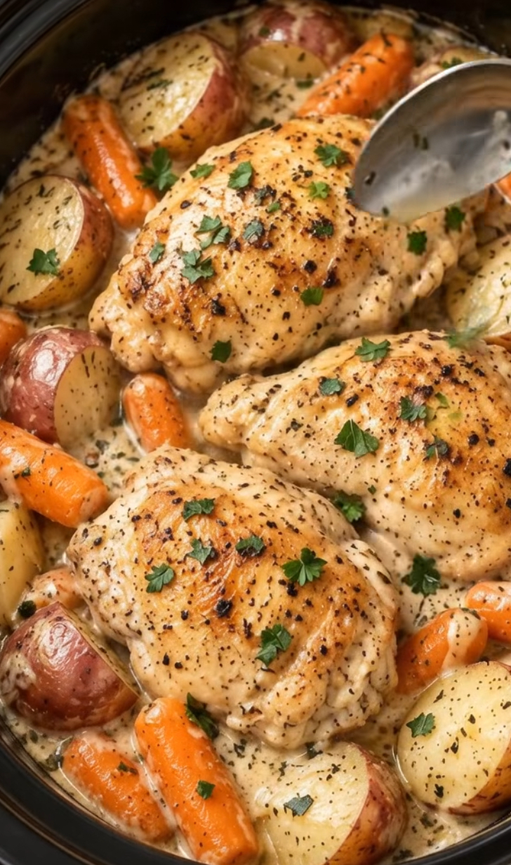 Slow cooker chicken thighs with carrots and red potatoes in a creamy herb sauce, garnished with chopped herbs.