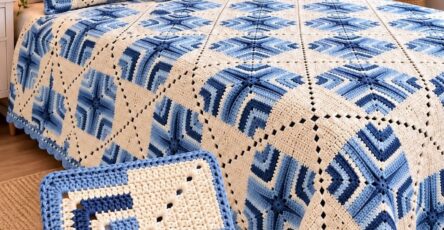 Hand holding a blue and cream geometric crochet square, with a matching bedspread and pillows on a bed in a bright bedroom.