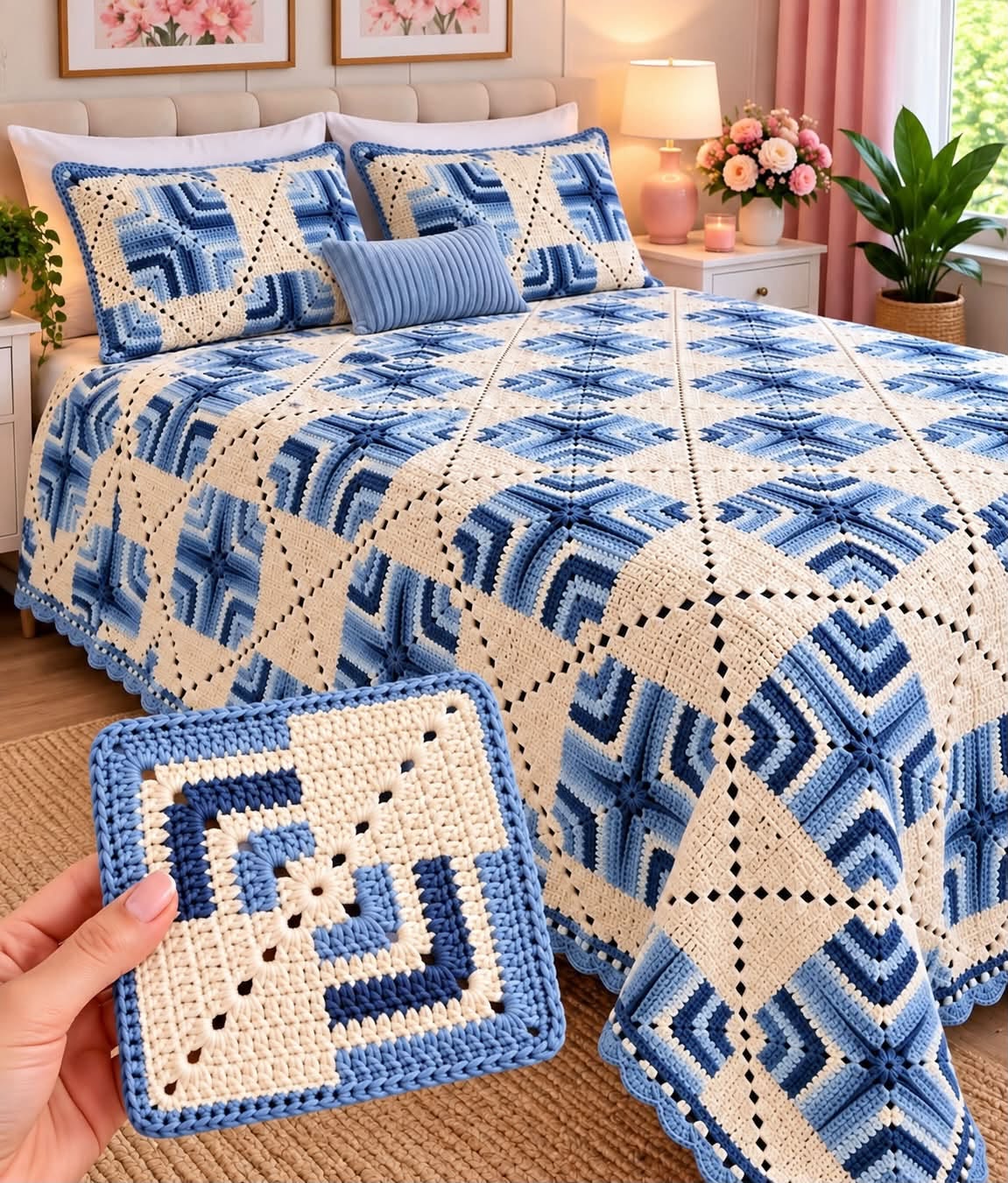 Hand holding a blue and cream geometric crochet square, with a matching bedspread and pillows on a bed in a bright bedroom.