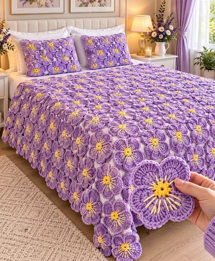 A hand holds a crocheted lavender and yellow flower motif in front of a bed covered with a matching crochet flower bedspread and pillows.