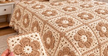 Hand holding a beige and cream crochet flower granny square in front of a matching bedspread with raised floral motifs.
