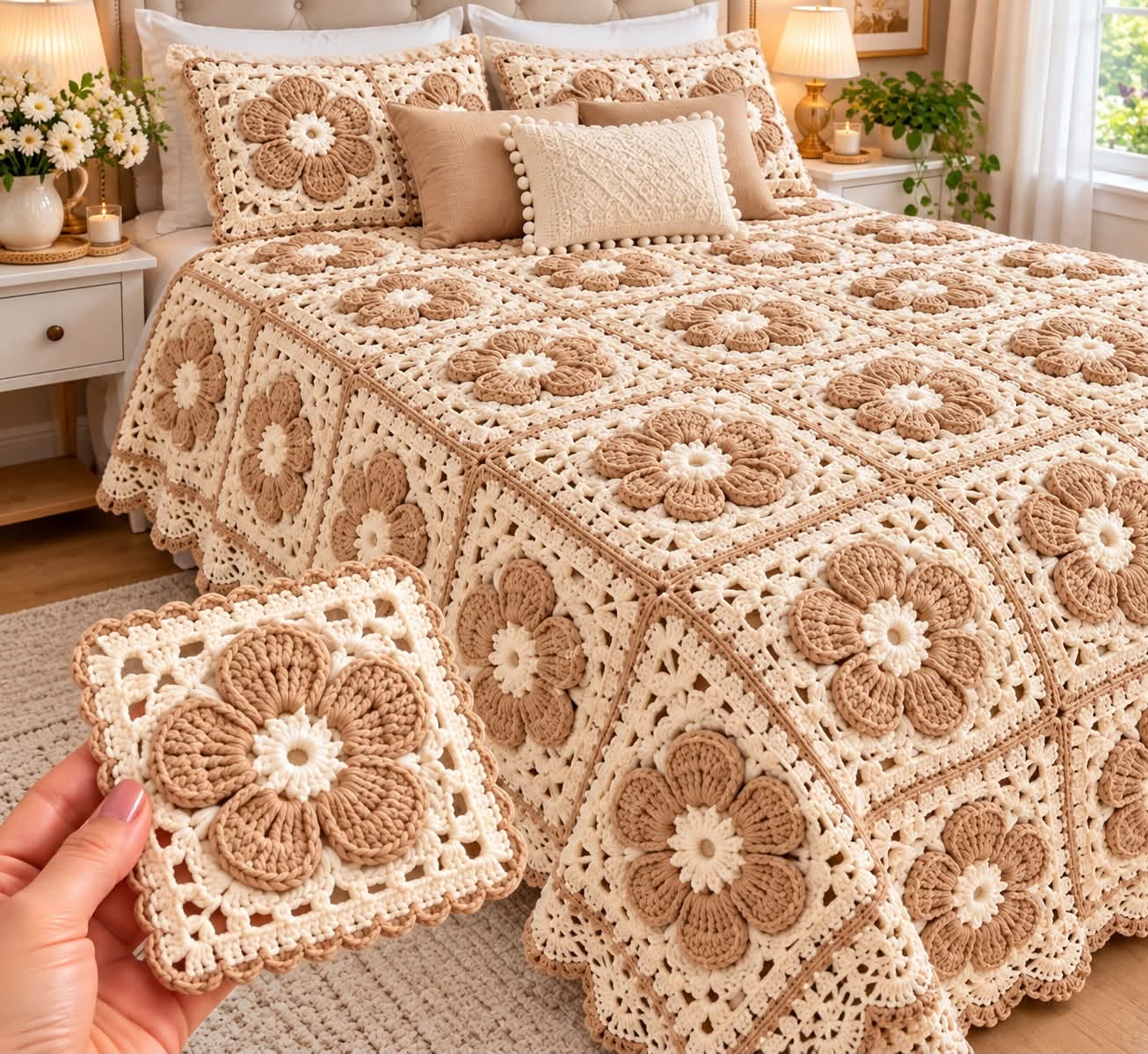 Hand holding a beige and cream crochet flower granny square in front of a matching bedspread with raised floral motifs.