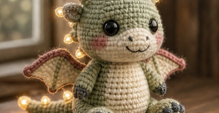 A crocheted green and cream amigurumi dragon plush toy with large black eyes, wings, horns, and string lights accenting its head and tail.