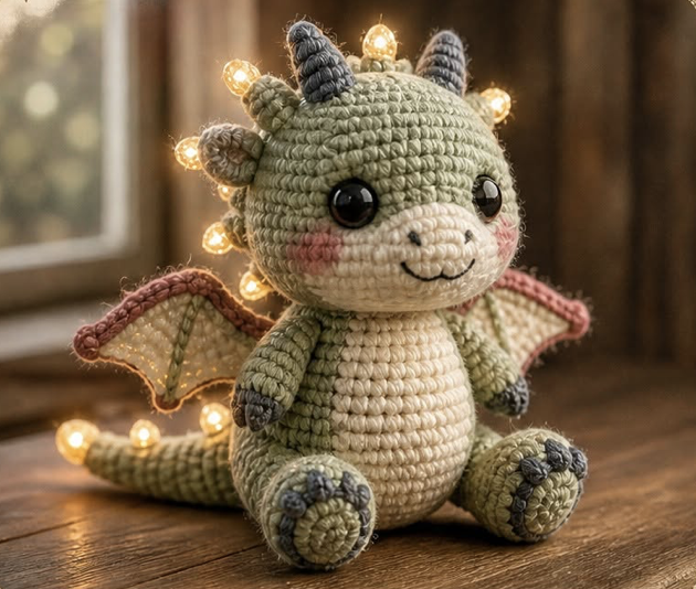 A crocheted green and cream amigurumi dragon plush toy with large black eyes, wings, horns, and string lights accenting its head and tail.