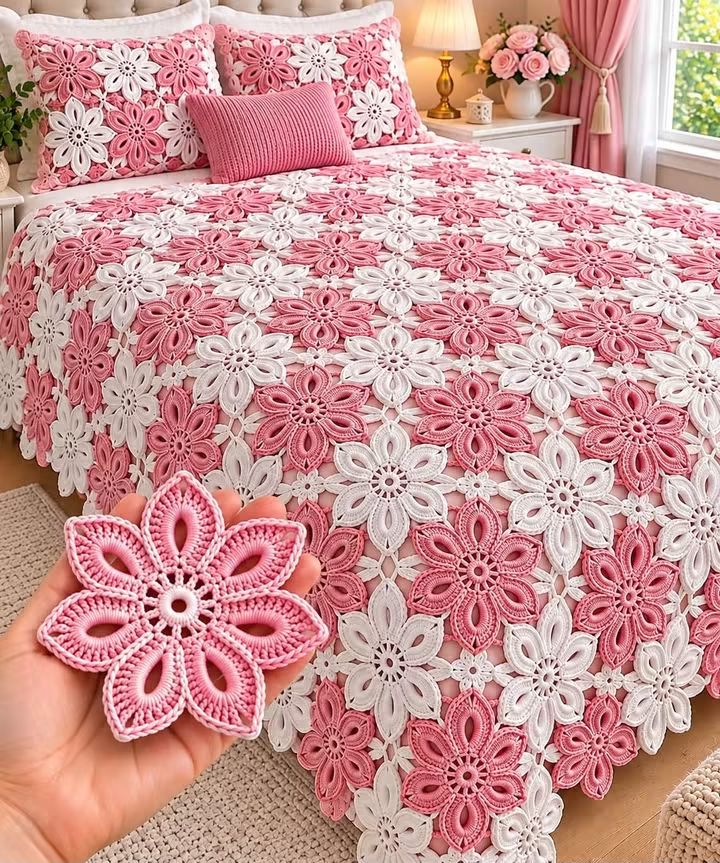 A bedspread and pillows decorated with intricate pink and white crochet flower motifs; a hand holds a single crochet flower motif in the foreground.