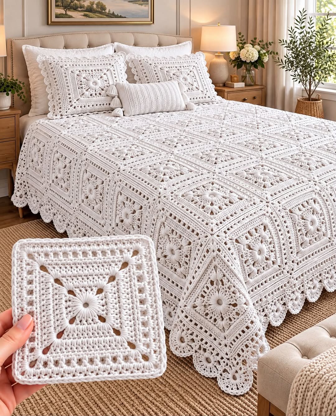 White crochet bedspread and pillows on a bed, featuring repeating daisy motif squares and intricate scalloped edging.