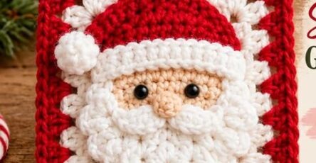 A crocheted granny square featuring a textured Santa Claus face with a fluffy white beard, red hat, and decorative border on a red background.